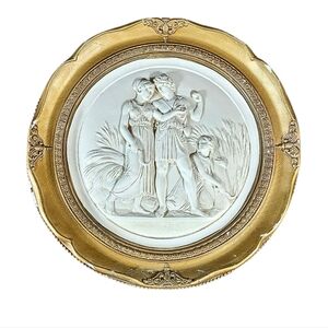 50s ALEXANDER BACKER Chalkware Round HARVESTERS in FIELD 15"d 3D Wall Art Plaque